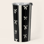 Coquette beige Bows on a black and beige stripes background pattern Travel Mug Gallery Image 2
