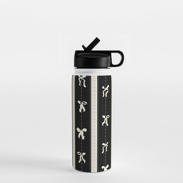 Coquette beige Bows on a black and beige stripes background pattern Water Bottle Gallery Image 1