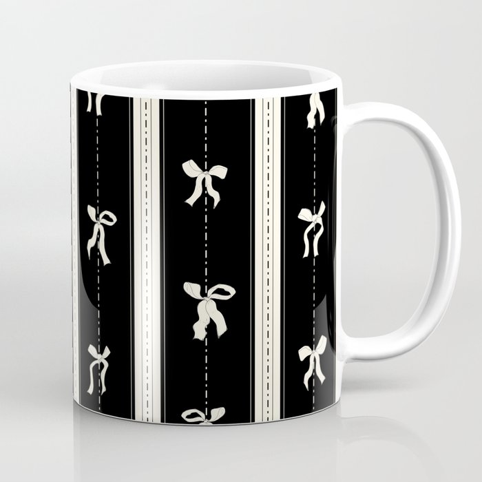 Coquette beige Bows on a black and beige stripes background pattern Coffee Mug Gallery Image 1