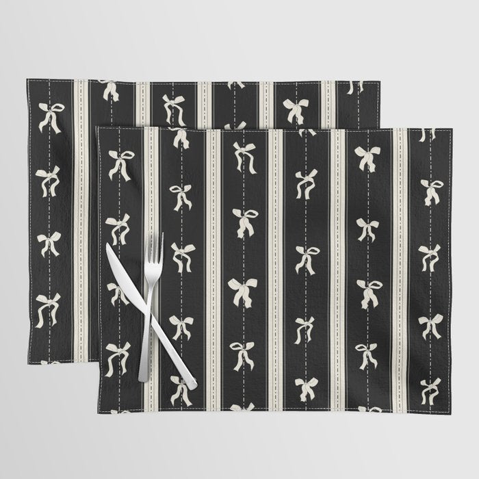 Coquette beige Bows on a black and beige stripes background pattern Placemat Gallery Image 1