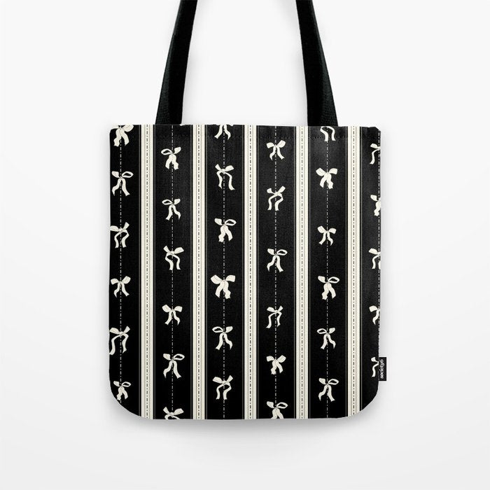 Coquette beige Bows on a black and beige stripes background pattern Tote Bag Gallery Image 1