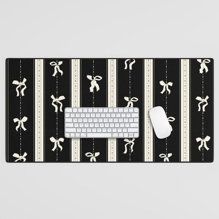 Coquette beige Bows on a black and beige stripes background pattern Desk Mat Gallery Image 1