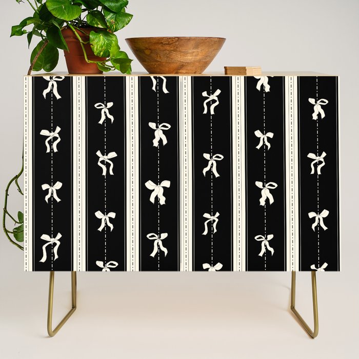 Coquette beige Bows on a black and beige stripes background pattern Credenza Gallery Image 1