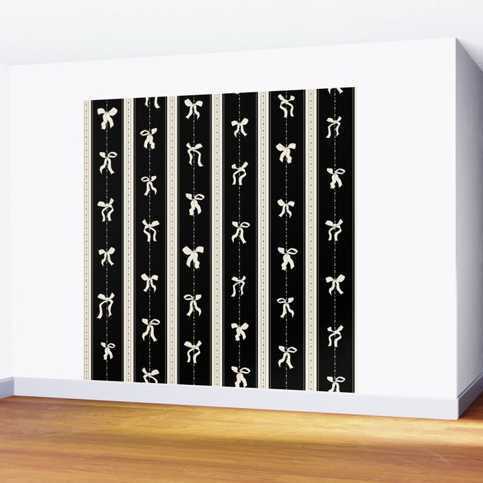Coquette beige Bows on a black and beige stripes background pattern Wall Mural Gallery Image 2