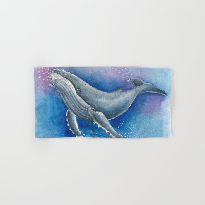 Humpback Whale and Bubbles Watercolor Ink Bath Towel Gallery Image 1