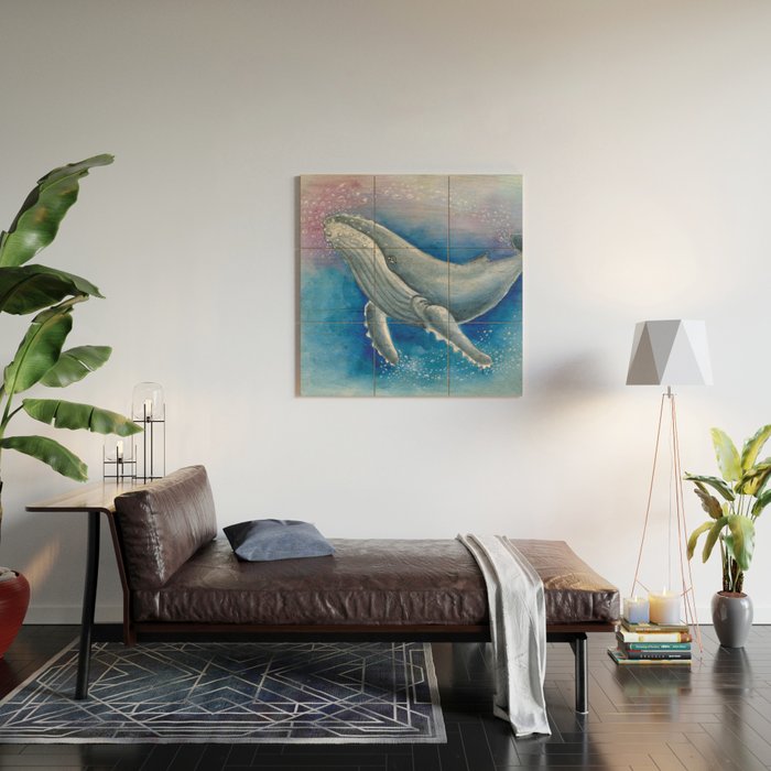 Humpback Whale and Bubbles Watercolor Ink Wood Wall Art Gallery Image 2