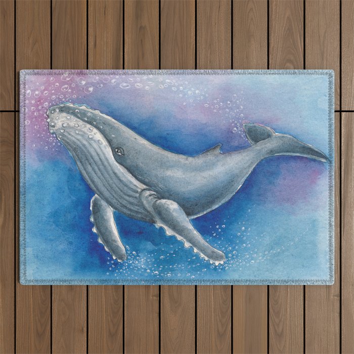 Humpback Whale and Bubbles Watercolor Ink Outdoor Rug Gallery Image 1