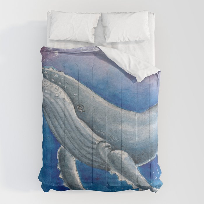 Humpback Whale and Bubbles Watercolor Ink Comforter Gallery Image 6