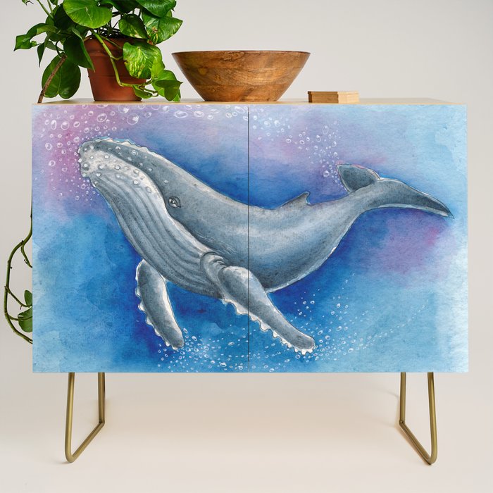 Humpback Whale and Bubbles Watercolor Ink Credenza Gallery Image 1