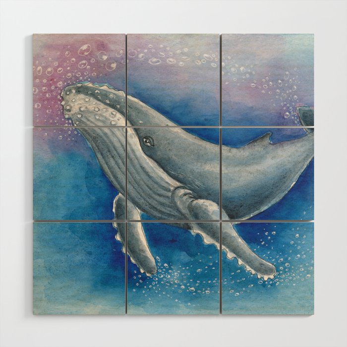 Humpback Whale and Bubbles Watercolor Ink Wood Wall Art Gallery Image 1