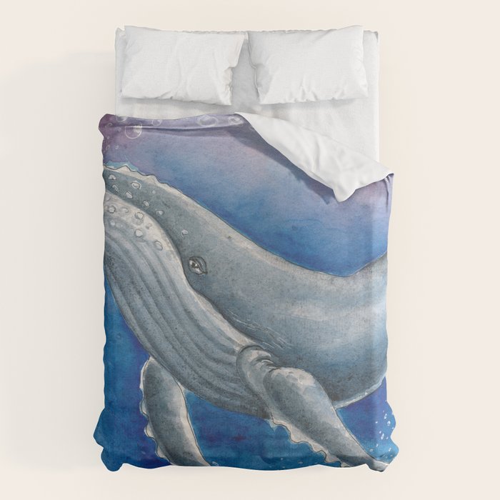 Humpback Whale and Bubbles Watercolor Ink Duvet Cover Gallery Image 1