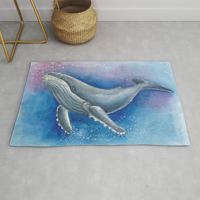 Humpback Whale and Bubbles Watercolor Ink Rug Gallery Image 1