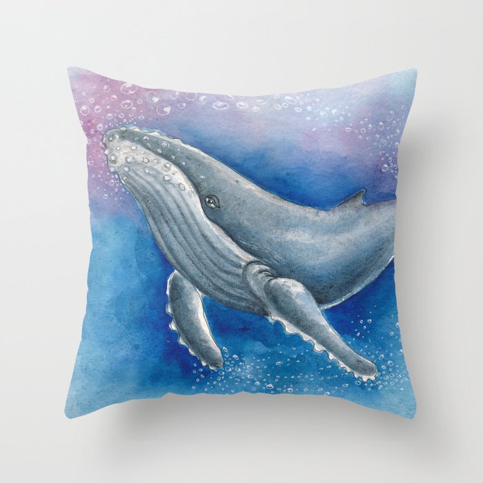 Humpback Whale and Bubbles Watercolor Ink Throw Pillow Gallery Image 6
