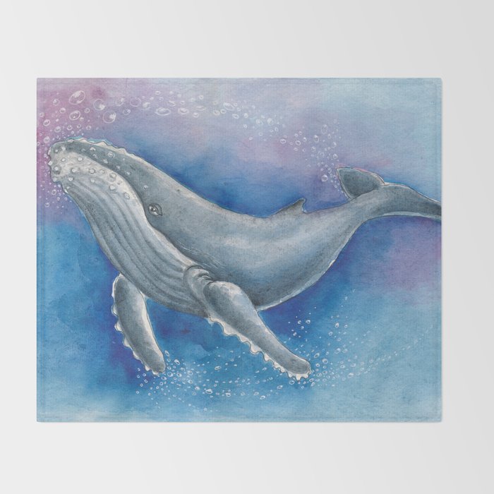 Humpback Whale and Bubbles Watercolor Ink Throw Blanket Gallery Image 2