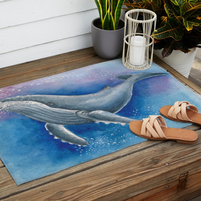 Humpback Whale and Bubbles Watercolor Ink Outdoor Rug Gallery Image 2