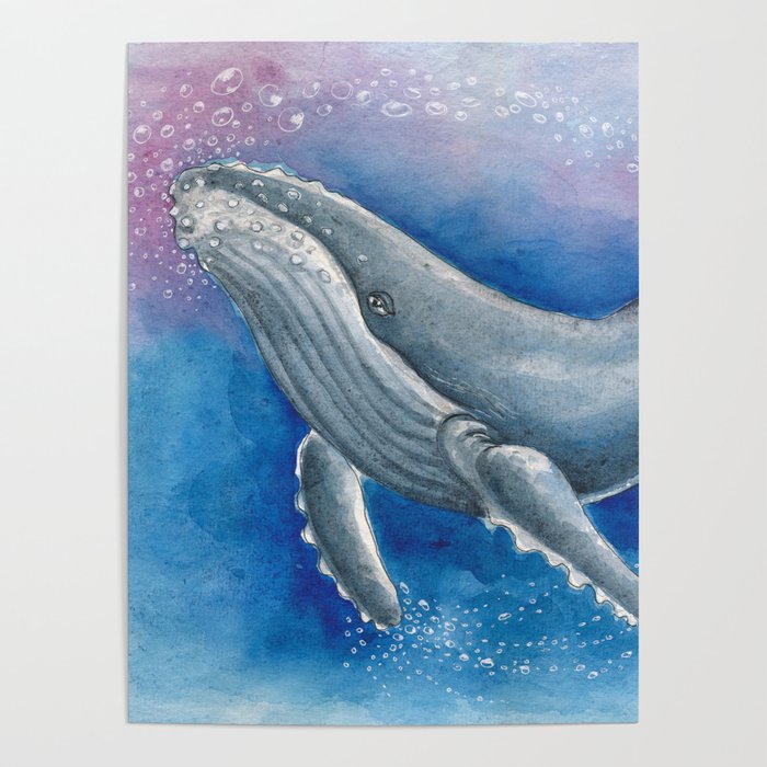 Humpback Whale and Bubbles Watercolor Ink Poster Gallery Image 4