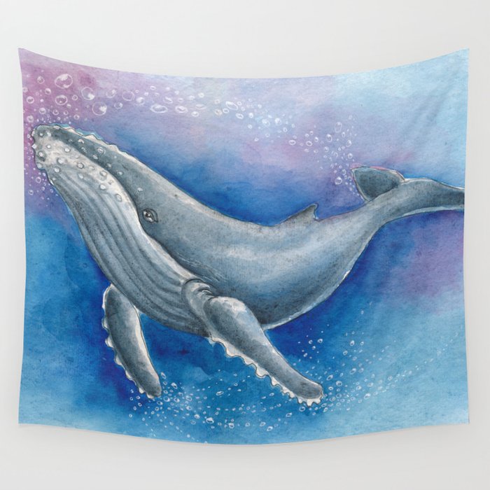 Humpback Whale and Bubbles Watercolor Ink Wall Tapestry Gallery Image 1