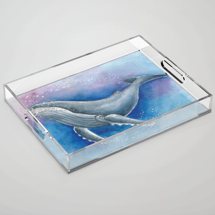 Humpback Whale and Bubbles Watercolor Ink Acrylic Tray Gallery Image 1