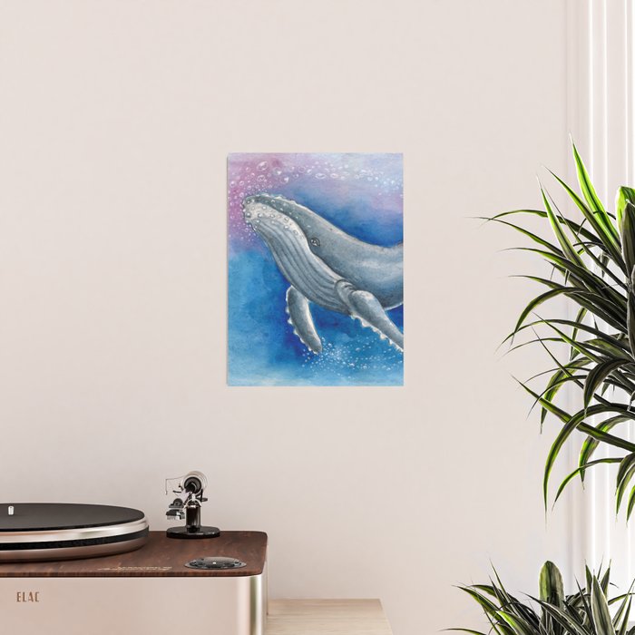 Humpback Whale and Bubbles Watercolor Ink Poster Gallery Image 2