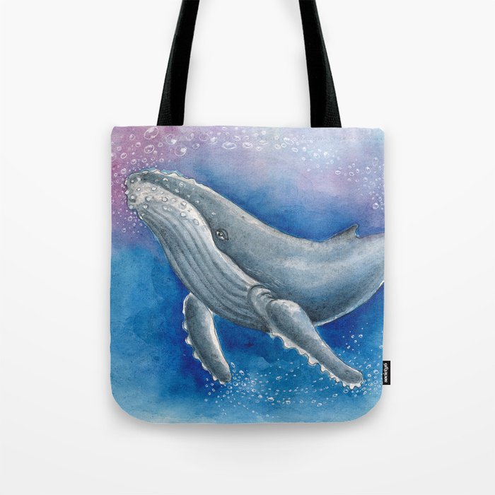 Humpback Whale and Bubbles Watercolor Ink Tote Bag Gallery Image 1