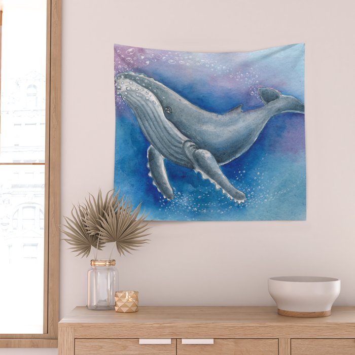 Humpback Whale and Bubbles Watercolor Ink Wall Tapestry Gallery Image 2