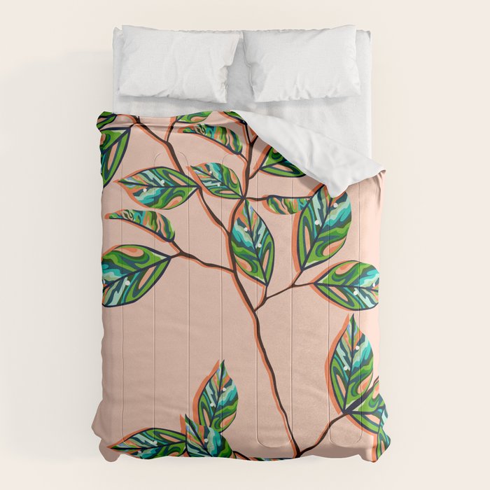 Peach Fuzz Botanical, Nature Blush Plants Illustration, Eclectic Color of the year 2024, Bohemian Leaves Vintage Comforter Gallery Image 6