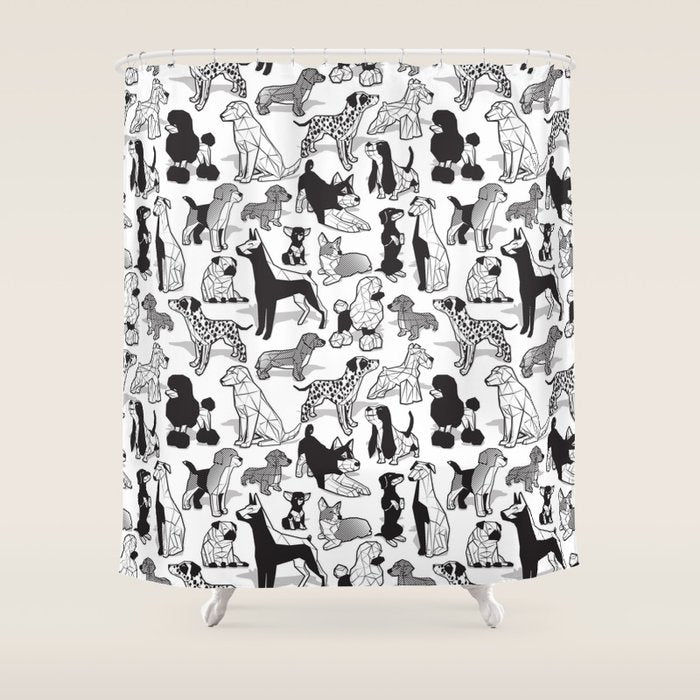 Geometric sweet wet noses // white background black and white dogs Shower Curtain Gallery Image 1