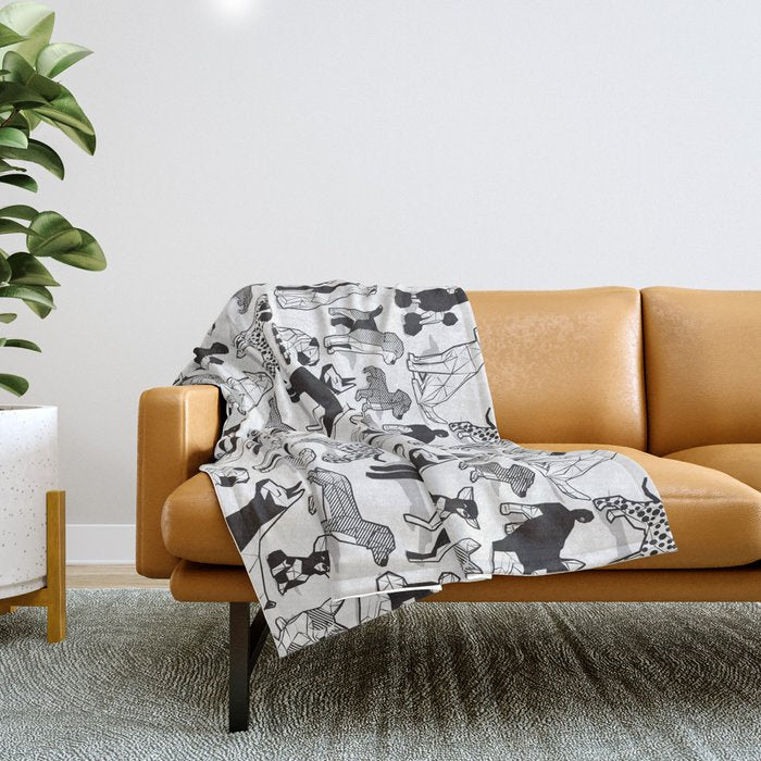 Geometric sweet wet noses // white background black and white dogs Throw Blanket Gallery Image 1