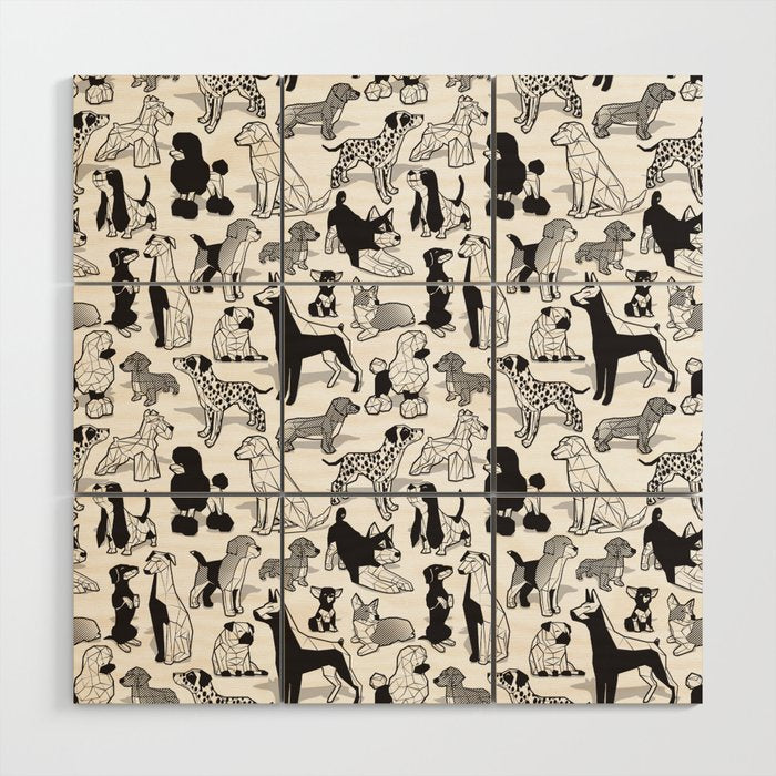 Geometric sweet wet noses // white background black and white dogs Wood Wall Art Gallery Image 1