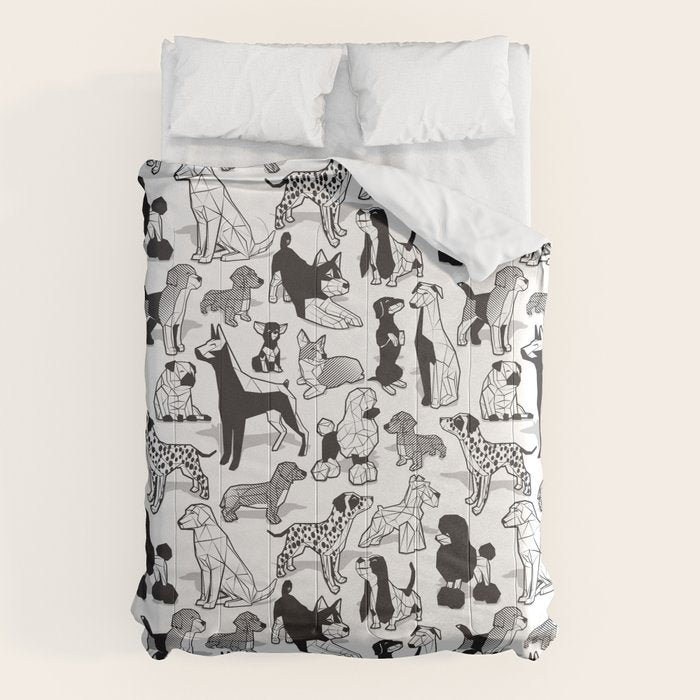 Geometric sweet wet noses // white background black and white dogs Comforter Gallery Image 1