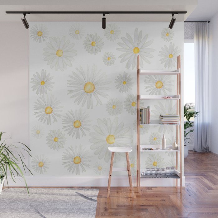white daisy pattern watercolor Wall Mural Gallery Image 1
