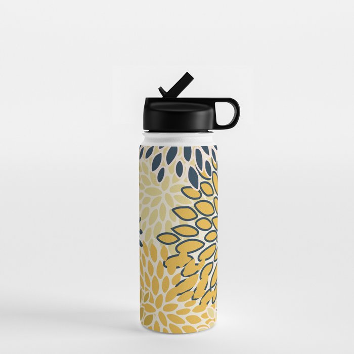 Floral Prints, Abstract Art, Navy Blue and Mustard Yellow, Water Bottle Gallery Image 1