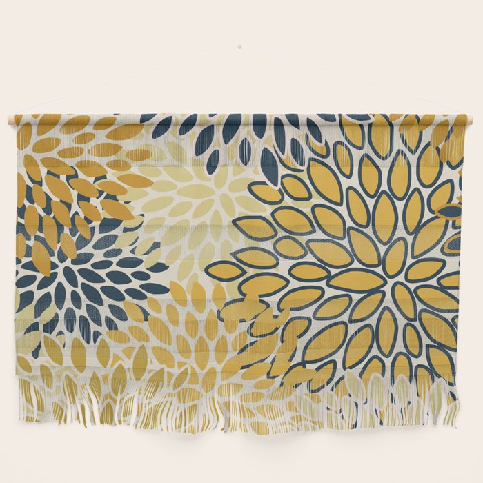 Floral Prints, Abstract Art, Navy Blue and Mustard Yellow, Wall Hanging Gallery Image 1