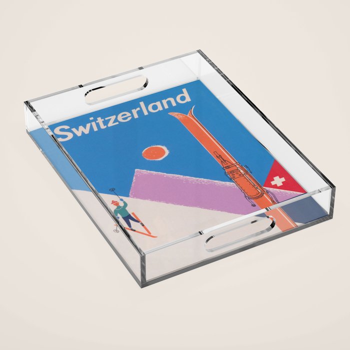 Switzerland Retro Vintage Ski Poster Acrylic Tray Gallery Image 1