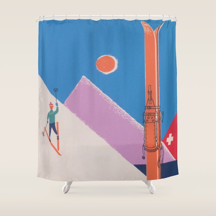 Switzerland Retro Vintage Ski Poster Shower Curtain Gallery Image 1