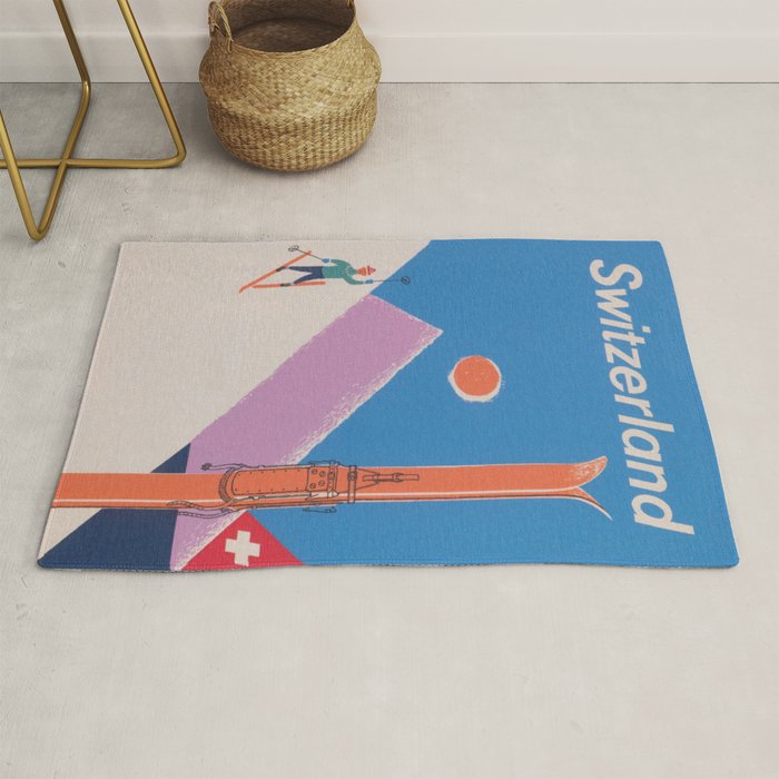 Switzerland Retro Vintage Ski Poster Rug Gallery Image 1