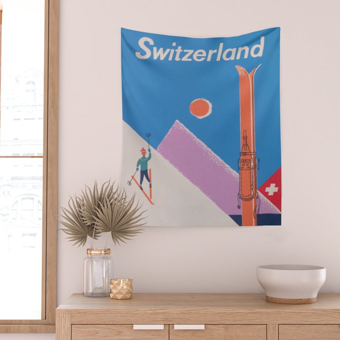 Switzerland Retro Vintage Ski Poster Wall Tapestry Gallery Image 2