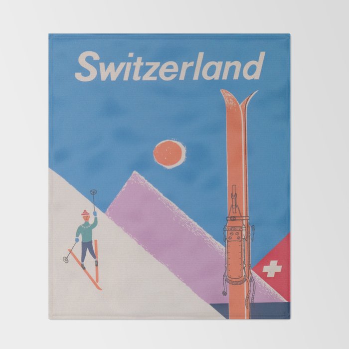Switzerland Retro Vintage Ski Poster Throw Blanket Gallery Image 2