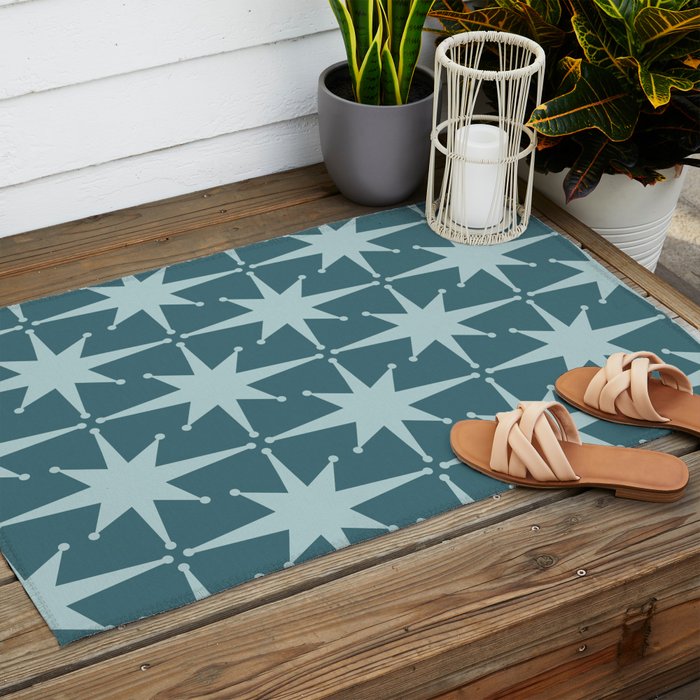 Mid Century Modern Atomic Starbursts Teal Celadon Small Pattern Outdoor Rug Gallery Image 2