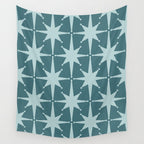 Mid Century Modern Atomic Starbursts Teal Celadon Small Pattern Wall Tapestry Gallery Image 4