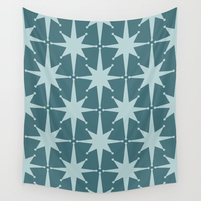 Mid Century Modern Atomic Starbursts Teal Celadon Small Pattern Wall Tapestry Gallery Image 4