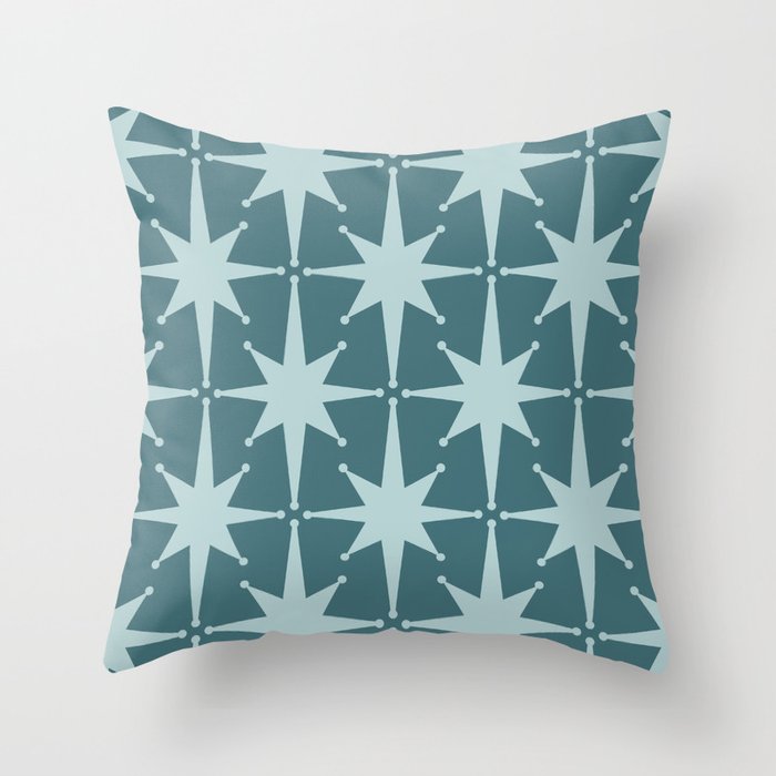 Mid Century Modern Atomic Starbursts Teal Celadon Small Pattern Throw Pillow Gallery Image 1