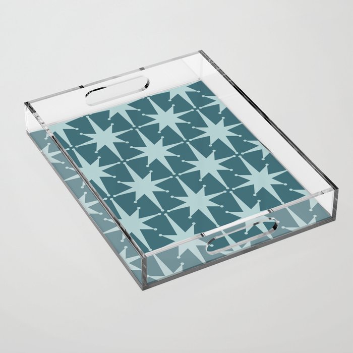 Mid Century Modern Atomic Starbursts Teal Celadon Small Pattern Acrylic Tray Gallery Image 1
