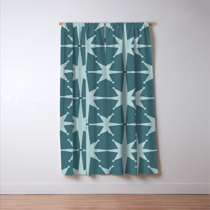 Mid Century Modern Atomic Starbursts Teal Celadon Small Pattern Window Curtain Gallery Image 3