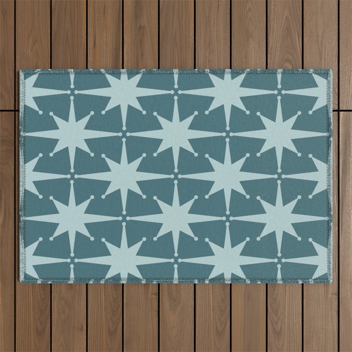 Mid Century Modern Atomic Starbursts Teal Celadon Small Pattern Outdoor Rug Gallery Image 1