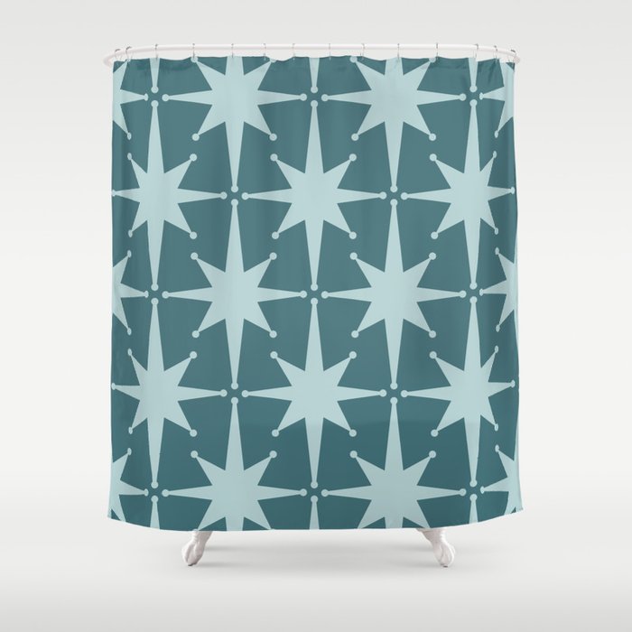 Mid Century Modern Atomic Starbursts Teal Celadon Small Pattern Shower Curtain Gallery Image 1