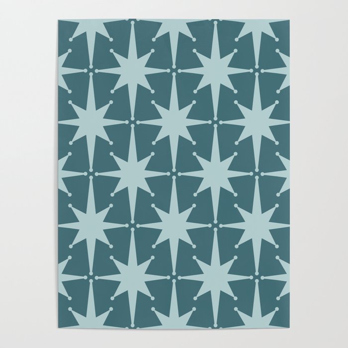 Mid Century Modern Atomic Starbursts Teal Celadon Small Pattern Poster Gallery Image 1