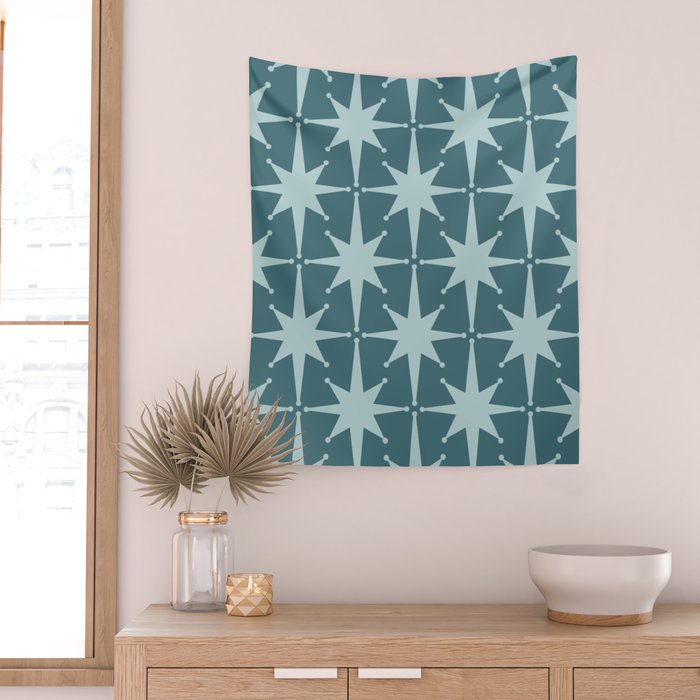 Mid Century Modern Atomic Starbursts Teal Celadon Small Pattern Wall Tapestry Gallery Image 2