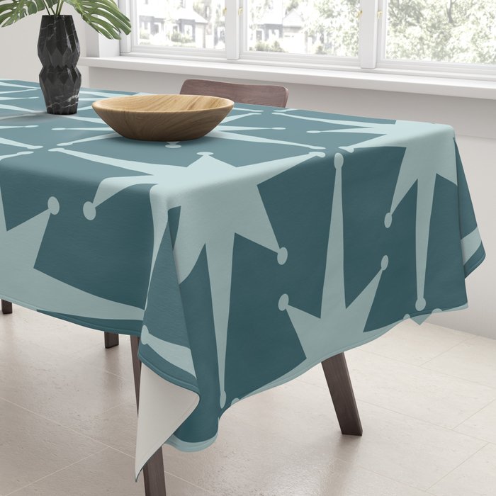 Mid Century Modern Atomic Starbursts Teal Celadon Small Pattern Tablecloth Gallery Image 3