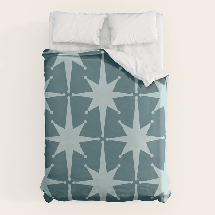 Mid Century Modern Atomic Starbursts Teal Celadon Small Pattern Duvet Cover Gallery Image 6